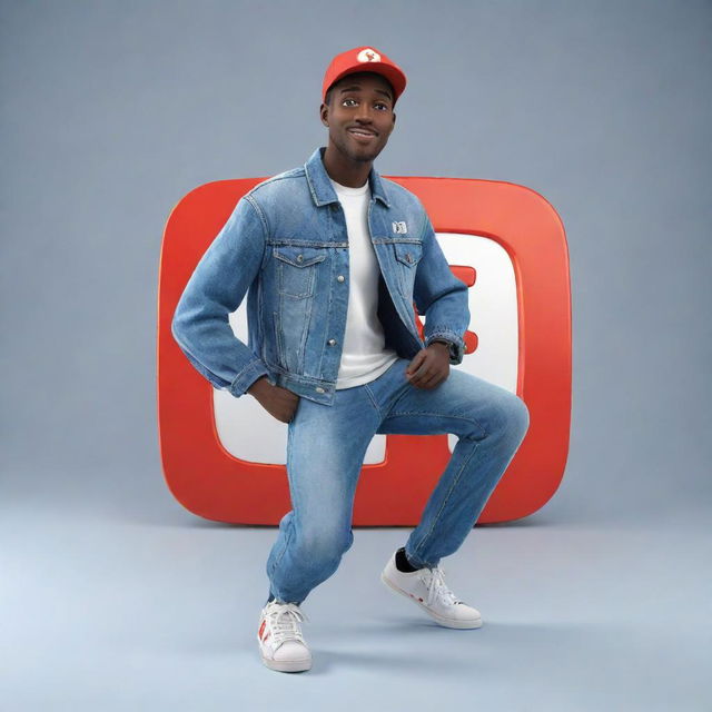 3D illustration of an animated character engaging with the Youtube logo. The character is clad in contemporary, casual gear like a denim jacket and sneakers, with 'Channel med kas' featured in the backdrop.