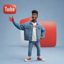 3D illustration of an animated character engaging with the Youtube logo. The character is clad in contemporary, casual gear like a denim jacket and sneakers, with 'Channel med kas' featured in the backdrop.