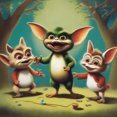 The painting depicted a whimsical scene with gremlins playing tricks on the characters.