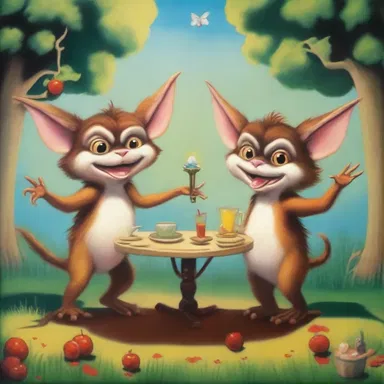 The painting depicted a whimsical scene with gremlins playing tricks on the characters.