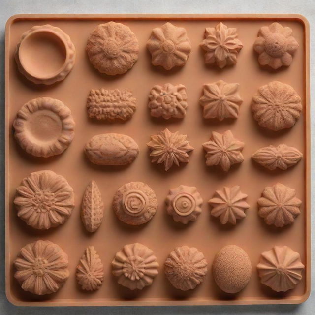 Variety of intricately detailed silicon molds for baking arranged in a neat row