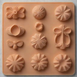 Variety of intricately detailed silicon molds for baking arranged in a neat row