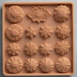 Variety of intricately detailed silicon molds for baking arranged in a neat row