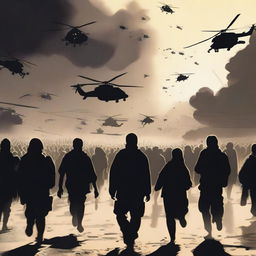 An intense scene in a digital art style, featuring a crowd of refugees in a state of panic, fleeing from the ominous shadows of military helicopters overhead