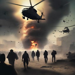 An intense scene in a digital art style, featuring a crowd of refugees in a state of panic, fleeing from the ominous shadows of military helicopters overhead