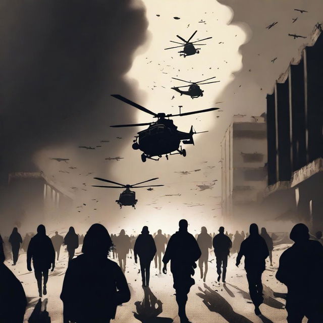 An intense scene in a digital art style, featuring a crowd of refugees in a state of panic, fleeing from the ominous shadows of military helicopters overhead