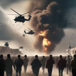 An intense scene in a digital art style, featuring a crowd of refugees in a state of panic, fleeing from the ominous shadows of military helicopters overhead