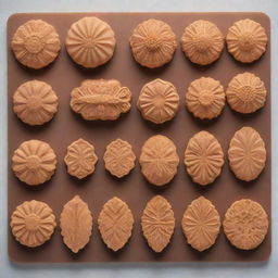 Variety of intricately detailed silicon molds for baking arranged in a neat row