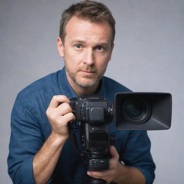 A professional cameraman in action, holding a high-end video camera, with a focused expression on his face.