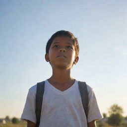 A young boy, poorly dressed, yet resilient. He stands under a sunlit sky, head held high. His clothes are simple, worn, yet his eyes are filled with hope, courage, and indomitable spirit.