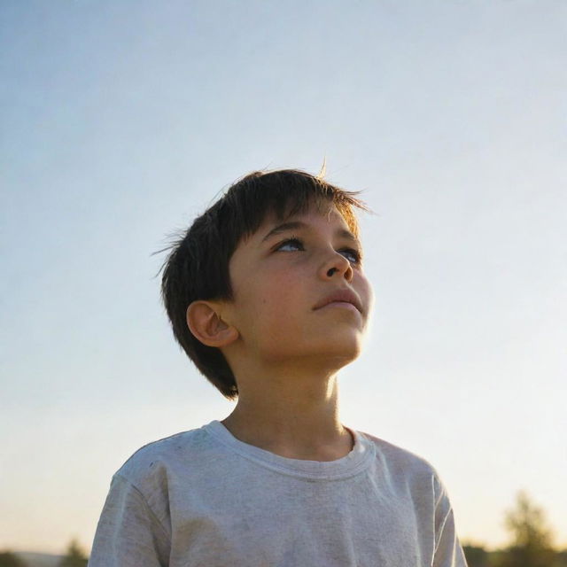 A young boy, poorly dressed, yet resilient. He stands under a sunlit sky, head held high. His clothes are simple, worn, yet his eyes are filled with hope, courage, and indomitable spirit.