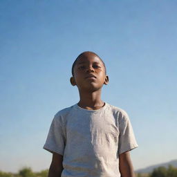 A young boy, poorly dressed, yet resilient. He stands under a sunlit sky, head held high. His clothes are simple, worn, yet his eyes are filled with hope, courage, and indomitable spirit.