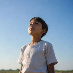 A young boy, poorly dressed, yet resilient. He stands under a sunlit sky, head held high. His clothes are simple, worn, yet his eyes are filled with hope, courage, and indomitable spirit.