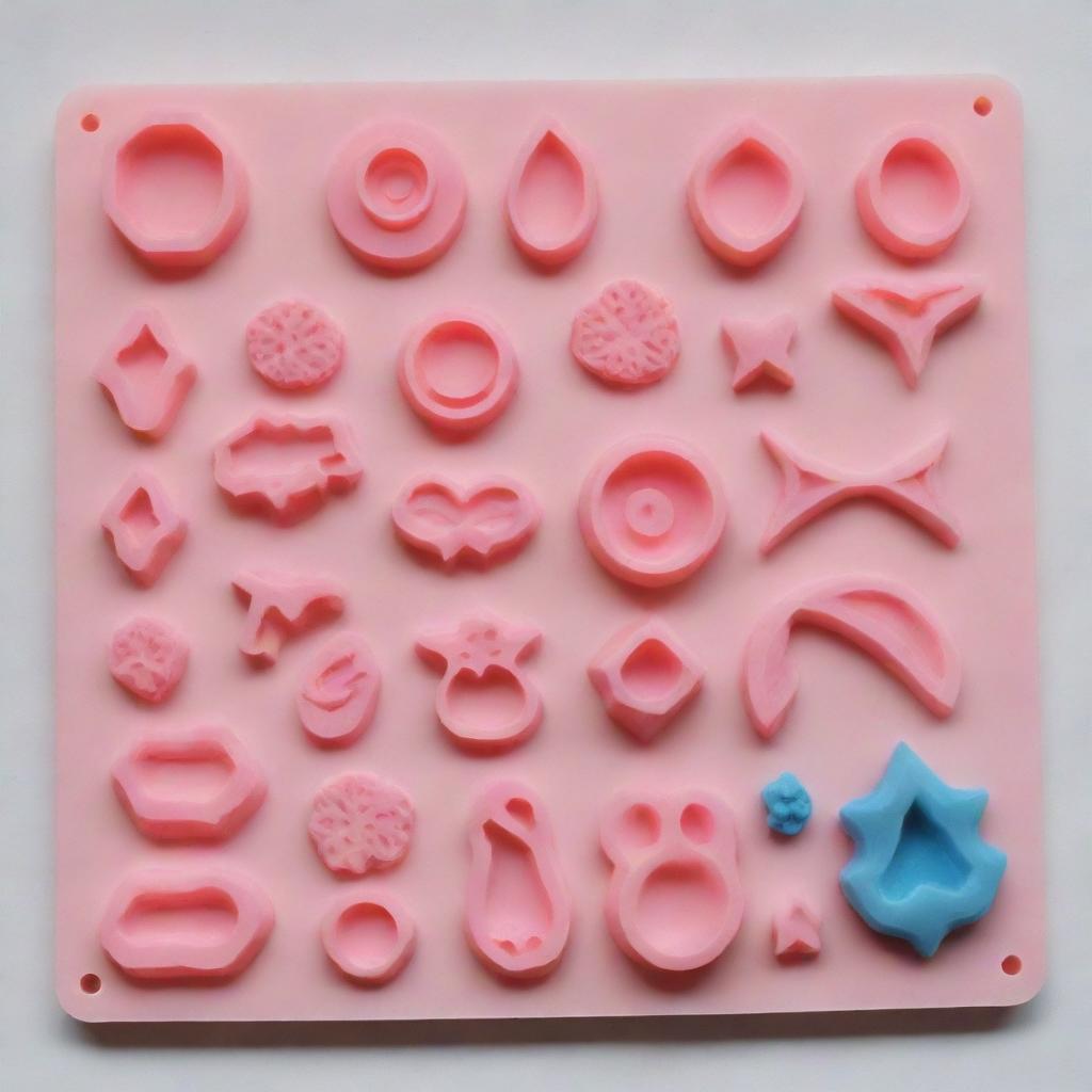 Detailed collection of silicon molds for resin casting. Display an array of unique shapes and sizes, showcasing high flexibility, made for crafting intricate resin creations.