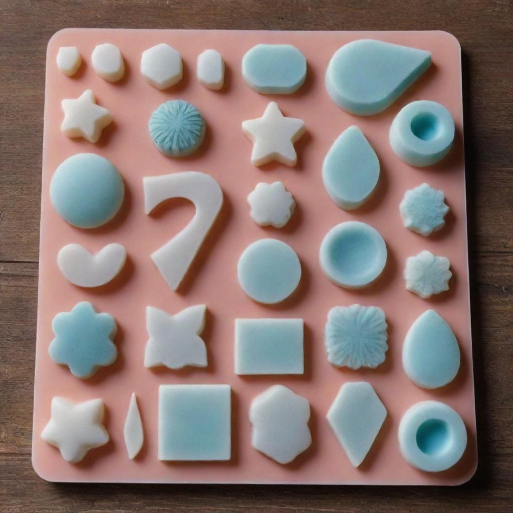 Detailed collection of silicon molds for resin casting. Display an array of unique shapes and sizes, showcasing high flexibility, made for crafting intricate resin creations.