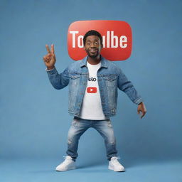 3D illustration of an animated character bearing the Youtube logo and the phrase 'Channel med kas'. The character dons a modern, casual attire comprising of a denim jacket and sneakers, set against an interesting background.