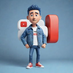 3D illustration of an animated character bearing the Youtube logo and the phrase 'Channel med kas'. The character dons a modern, casual attire comprising of a denim jacket and sneakers, set against an interesting background.