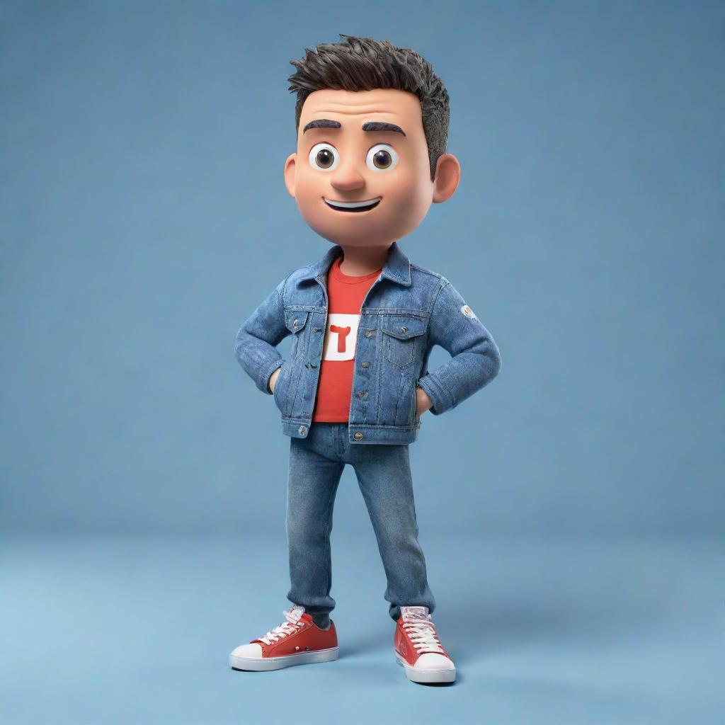 3D illustration of an animated character bearing the Youtube logo and the phrase 'Channel med kas'. The character dons a modern, casual attire comprising of a denim jacket and sneakers, set against an interesting background.