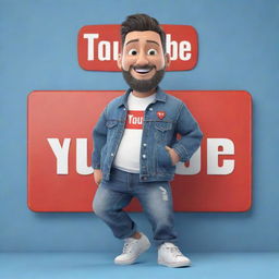 3D illustration of an animated character bearing the Youtube logo and the phrase 'Channel med kas'. The character dons a modern, casual attire comprising of a denim jacket and sneakers, set against an interesting background.