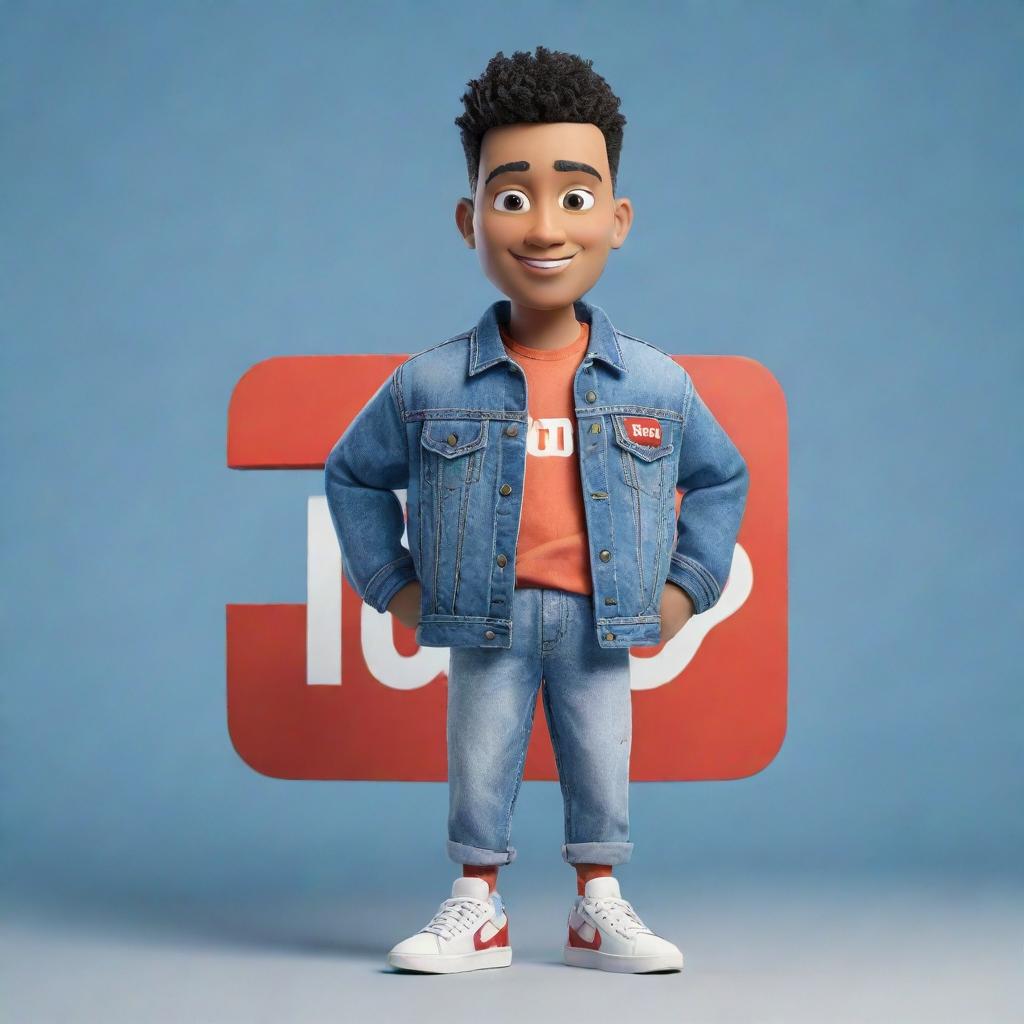 3D illustration of an animated character sporting modern, casual attire like a denim jacket and sneakers, and holding the Youtube logo. The phrase 'Channel med kas' is also present. Set against a distinctive background.