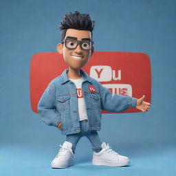 3D illustration of an animated character sporting modern, casual attire like a denim jacket and sneakers, and holding the Youtube logo. The phrase 'Channel med kas' is also present. Set against a distinctive background.