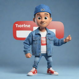 3D illustration of an animated character sporting modern, casual attire like a denim jacket and sneakers, and holding the Youtube logo. The phrase 'Channel med kas' is also present. Set against a distinctive background.