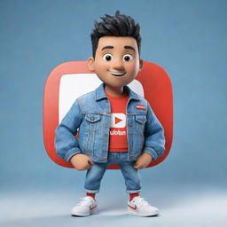 3D illustration of an animated character sporting modern, casual attire like a denim jacket and sneakers, and holding the Youtube logo. The phrase 'Channel med kas' is also present. Set against a distinctive background.