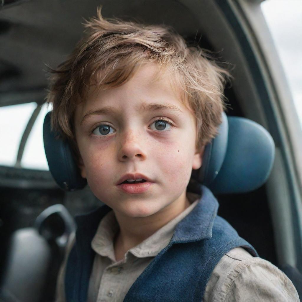 A young boy, from a poor background, sitting in the cockpit of an airplane. His wide eyes brimming with wonder and excitement. Despite his worn-out clothing, his fascinated expression reveals his aspirations and dreams.