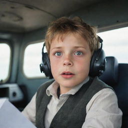 A young boy, from a poor background, sitting in the cockpit of an airplane. His wide eyes brimming with wonder and excitement. Despite his worn-out clothing, his fascinated expression reveals his aspirations and dreams.