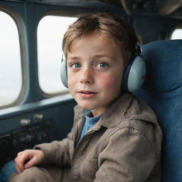 A young boy, from a poor background, sitting in the cockpit of an airplane. His wide eyes brimming with wonder and excitement. Despite his worn-out clothing, his fascinated expression reveals his aspirations and dreams.