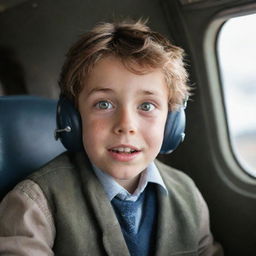 A young boy, from a poor background, sitting in the cockpit of an airplane. His wide eyes brimming with wonder and excitement. Despite his worn-out clothing, his fascinated expression reveals his aspirations and dreams.