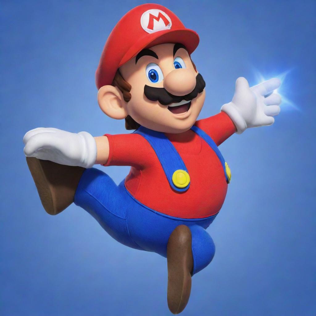 Classic video game character Mario from Nintendo, in his red and blue outfit, leaping with a power-up star in hand.