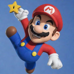 Classic video game character Mario from Nintendo, in his red and blue outfit, leaping with a power-up star in hand.