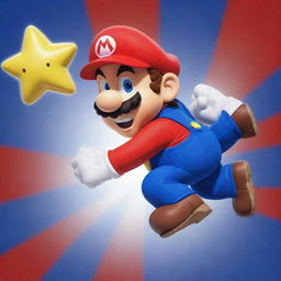 Classic video game character Mario from Nintendo, in his red and blue outfit, leaping with a power-up star in hand.