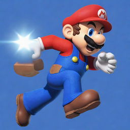 Classic video game character Mario from Nintendo, in his red and blue outfit, leaping with a power-up star in hand.