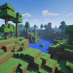 A vibrant Minecraft landscape with verdant land, clear blue skies, blocky trees, and the signature pixelated design.