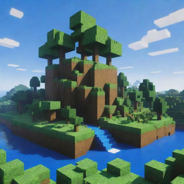 A vibrant Minecraft landscape with verdant land, clear blue skies, blocky trees, and the signature pixelated design.