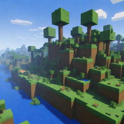 A vibrant Minecraft landscape with verdant land, clear blue skies, blocky trees, and the signature pixelated design.