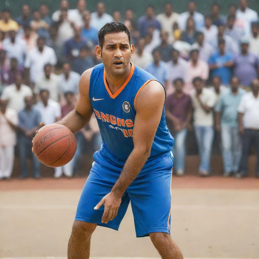 Famous cricketer MS Dhoni, wearing a basketball jersey, playing basketball. He's dribbling the ball on a bustling basketball court, surrounded by onlookers. A look of determination and focus on his face.