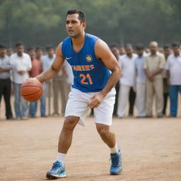 Famous cricketer MS Dhoni, wearing a basketball jersey, playing basketball. He's dribbling the ball on a bustling basketball court, surrounded by onlookers. A look of determination and focus on his face.