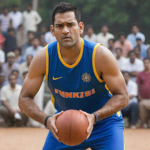 Famous cricketer MS Dhoni, wearing a basketball jersey, playing basketball. He's dribbling the ball on a bustling basketball court, surrounded by onlookers. A look of determination and focus on his face.