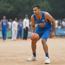 Famous cricketer MS Dhoni, wearing a basketball jersey, playing basketball. He's dribbling the ball on a bustling basketball court, surrounded by onlookers. A look of determination and focus on his face.