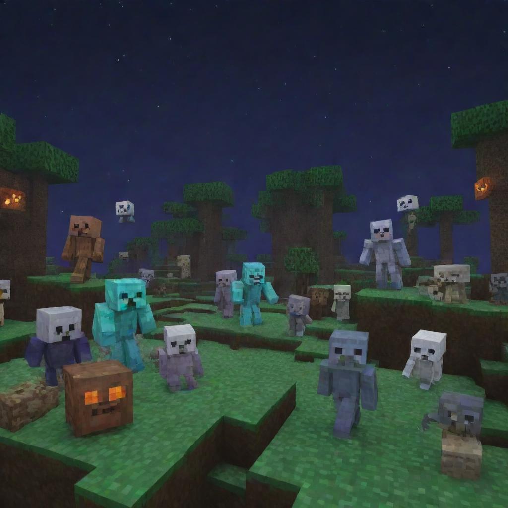 A group of Minecraft monsters such as Creepers, Skeletons, and Zombies in a pixelated Minecraft landscape during night-time.