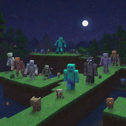 A group of Minecraft monsters such as Creepers, Skeletons, and Zombies in a pixelated Minecraft landscape during night-time.