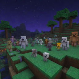 A group of Minecraft monsters such as Creepers, Skeletons, and Zombies in a pixelated Minecraft landscape during night-time.