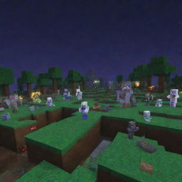 A group of Minecraft monsters such as Creepers, Skeletons, and Zombies in a pixelated Minecraft landscape during night-time.