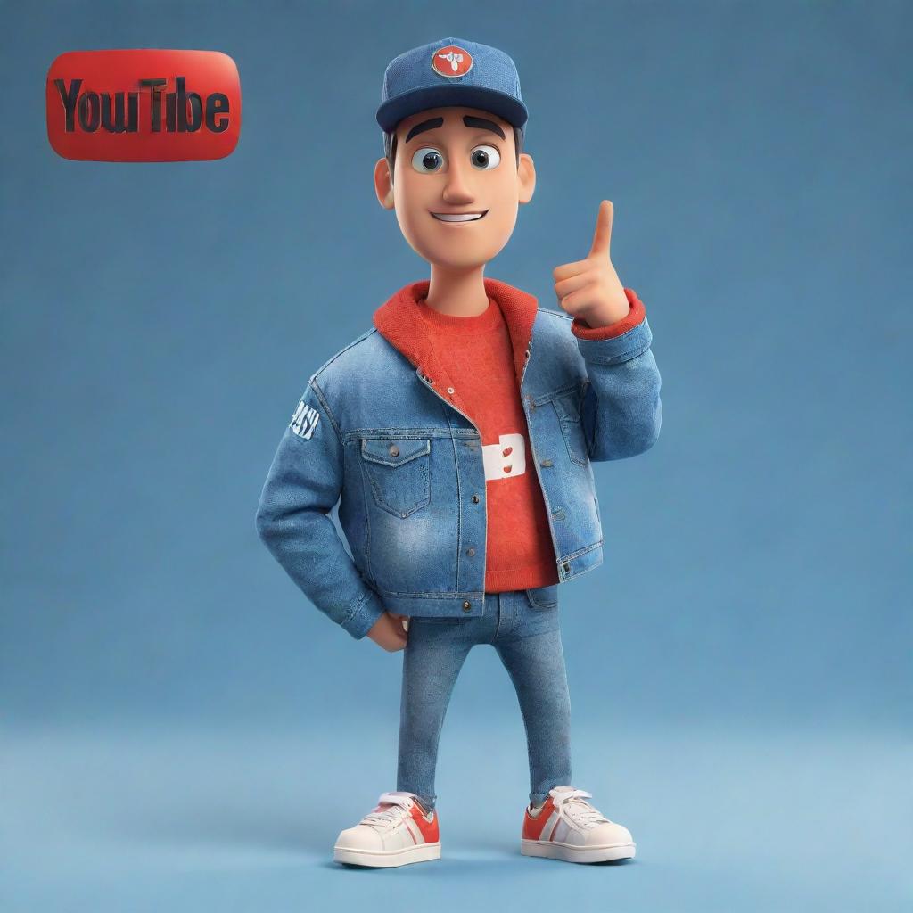 3D illustration of an animated character holding the Youtube logo, with the phrase 'Channel med kas' positioned to the right. Character is clad in modern, casual attire like a denim jacket and sneakers, against a detailed background.