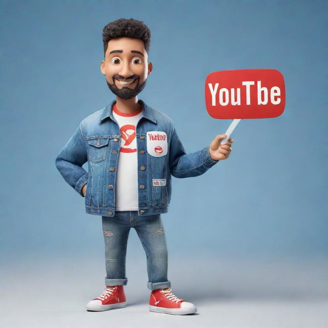 3D illustration of an animated character holding the Youtube logo, with the phrase 'Channel med kas' positioned to the right. Character is clad in modern, casual attire like a denim jacket and sneakers, against a detailed background.