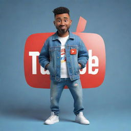 3D illustration of an animated character holding the Youtube logo, with the phrase 'Channel med kas' positioned to the right. Character is clad in modern, casual attire like a denim jacket and sneakers, against a detailed background.