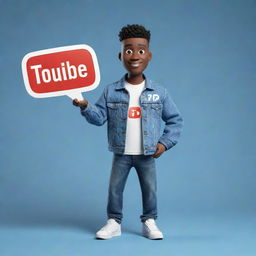 3D illustration of an animated character holding the Youtube logo, with the phrase 'Channel med kas' positioned to the right. Character is clad in modern, casual attire like a denim jacket and sneakers, against a detailed background.